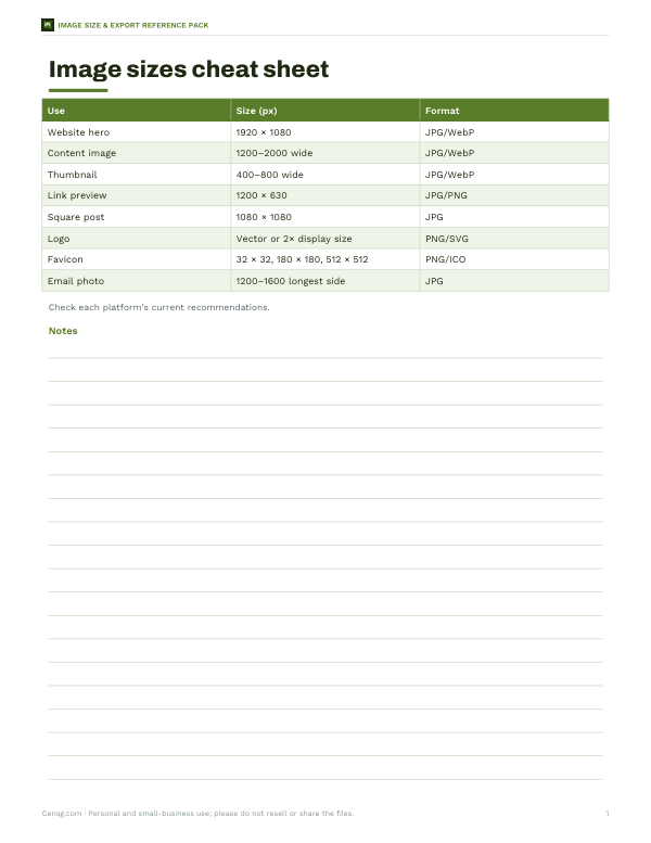 Preview of Printable Image Size Cheat Sheet